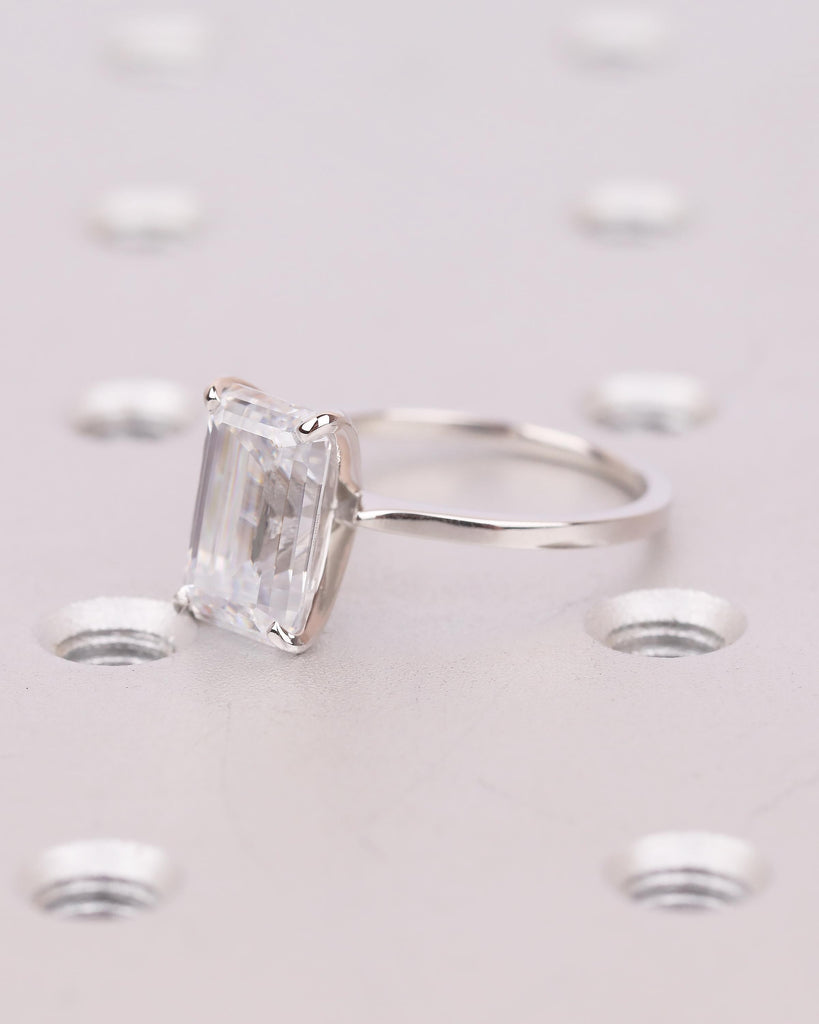 Elongated Emerald Cut Moissanite Ring, Platinum Engagement Ring, Dainty 4 Prong Wedding Rings for Women, Minimalist Handmade Bridal Jewelry image #3