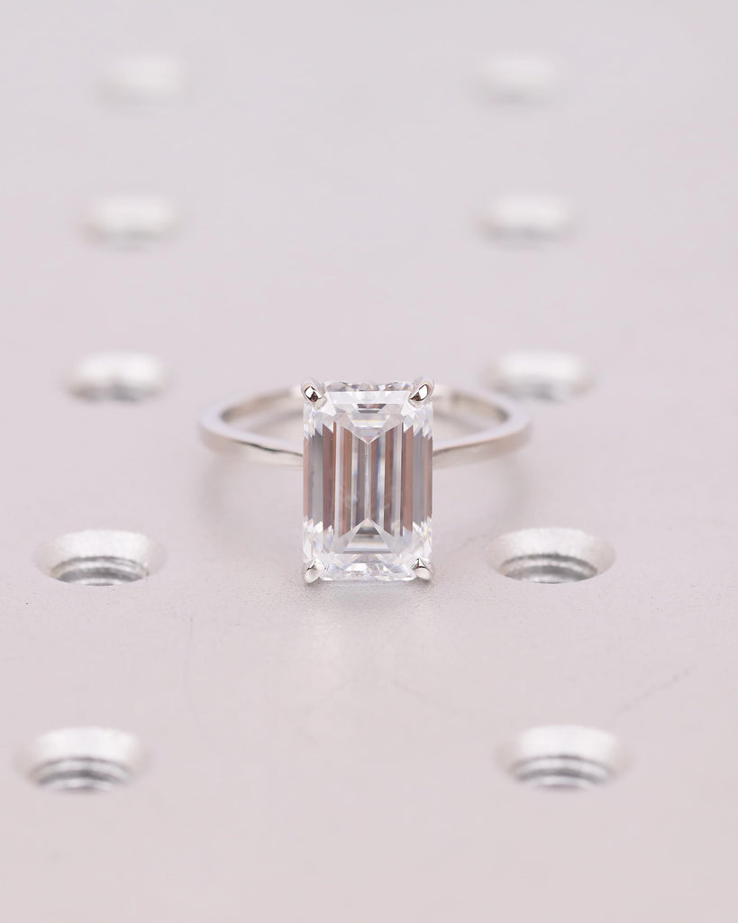 Elongated Emerald Cut Moissanite Ring, Platinum Engagement Ring, Dainty 4 Prong Wedding Rings for Women, Minimalist Handmade Bridal Jewelry image #12