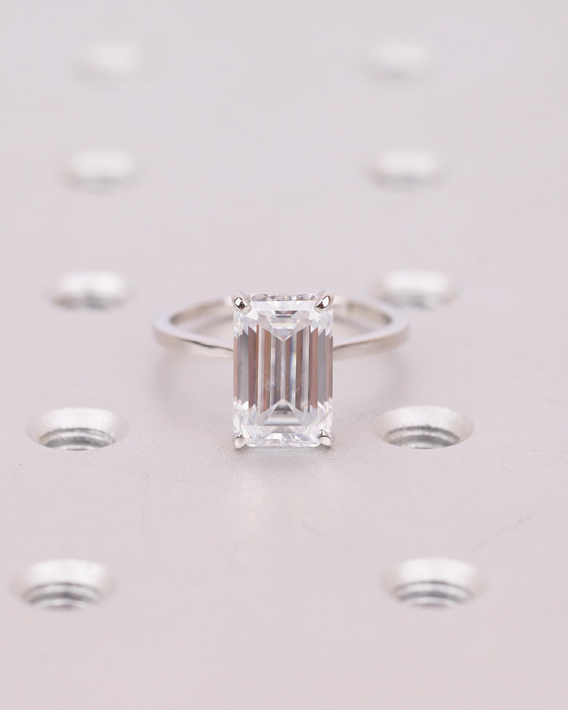 Moissanite Emerald Cut Ring, Platinum Solitaire Engagement Ring, Statement Rings for Women image #12