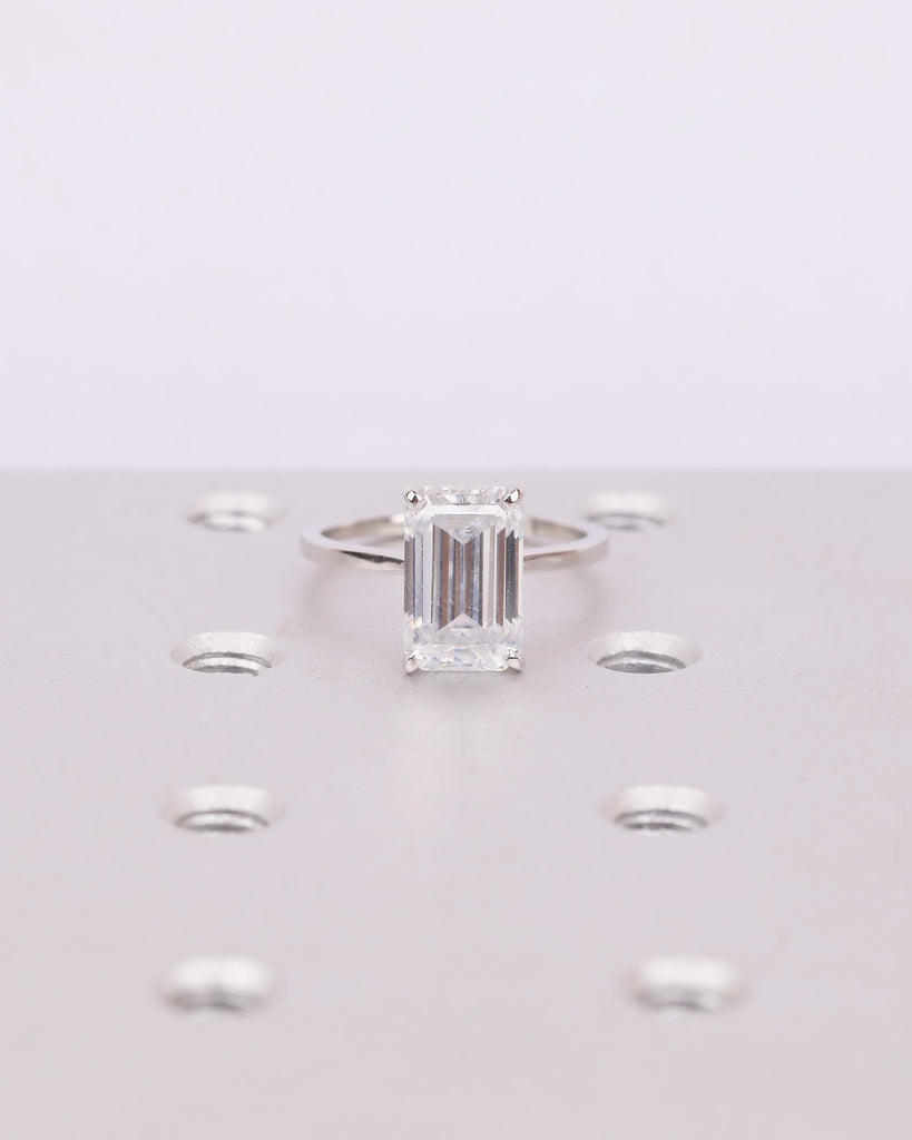 Moissanite Emerald Cut Ring, Platinum Solitaire Engagement Ring, Statement Rings for Women image #9