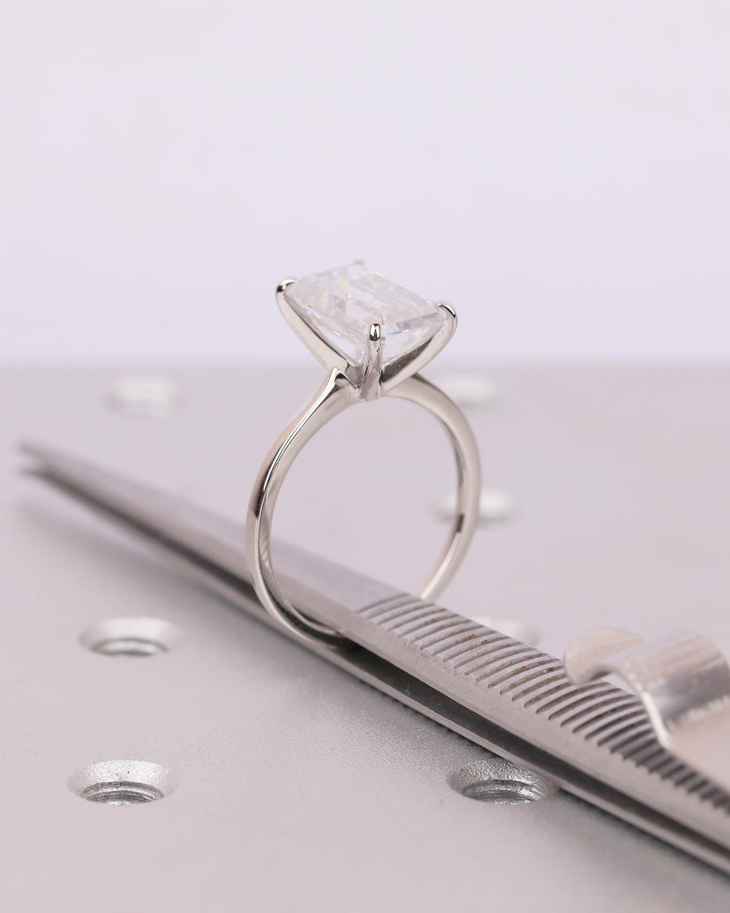Elongated Emerald Cut Moissanite Ring, Platinum Engagement Ring, Dainty 4 Prong Wedding Rings for Women, Minimalist Handmade Bridal Jewelry image #13