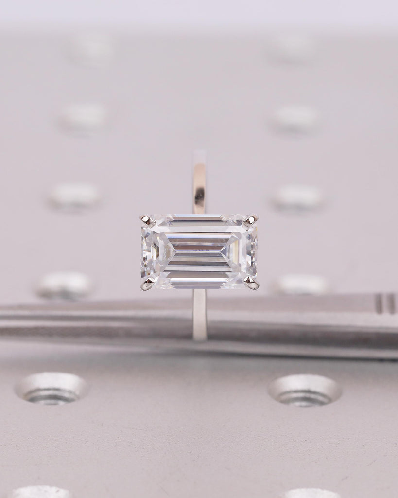 Moissanite Emerald Cut Ring, Platinum Solitaire Engagement Ring, Statement Rings for Women image #8