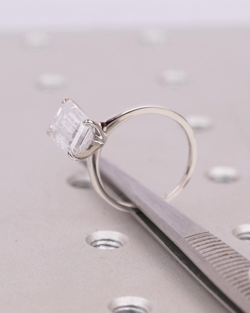 Elongated Emerald Cut Moissanite Ring, Platinum Engagement Ring, Dainty 4 Prong Wedding Rings for Women, Minimalist Handmade Bridal Jewelry image #11