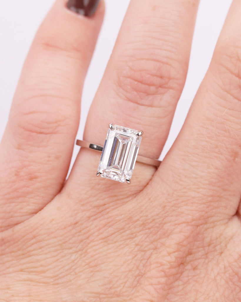 Moissanite Emerald Cut Ring, Platinum Solitaire Engagement Ring, Statement Rings for Women image #10