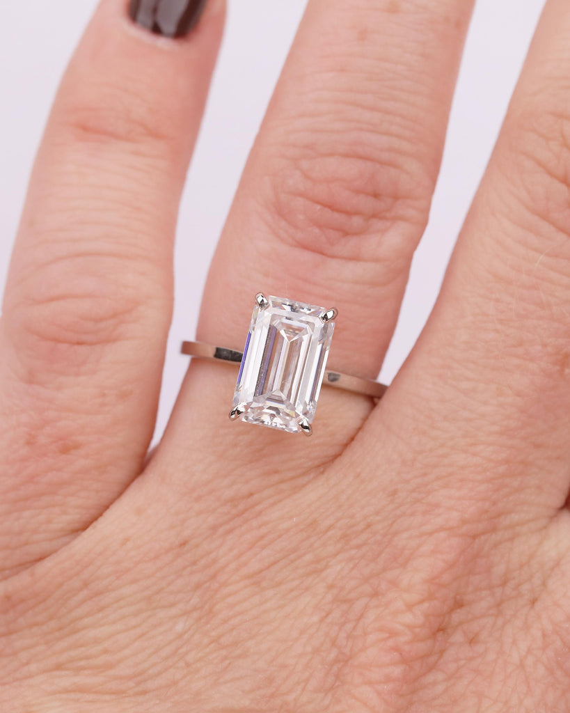 Elongated Emerald Cut Moissanite Ring, Platinum Engagement Ring, Dainty 4 Prong Wedding Rings for Women, Minimalist Handmade Bridal Jewelry image #14