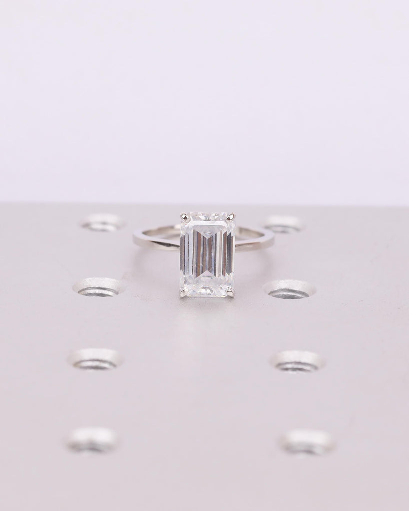 Elongated Emerald Cut Moissanite Ring, Platinum Engagement Ring, Dainty 4 Prong Wedding Rings for Women, Minimalist Handmade Bridal Jewelry image #1