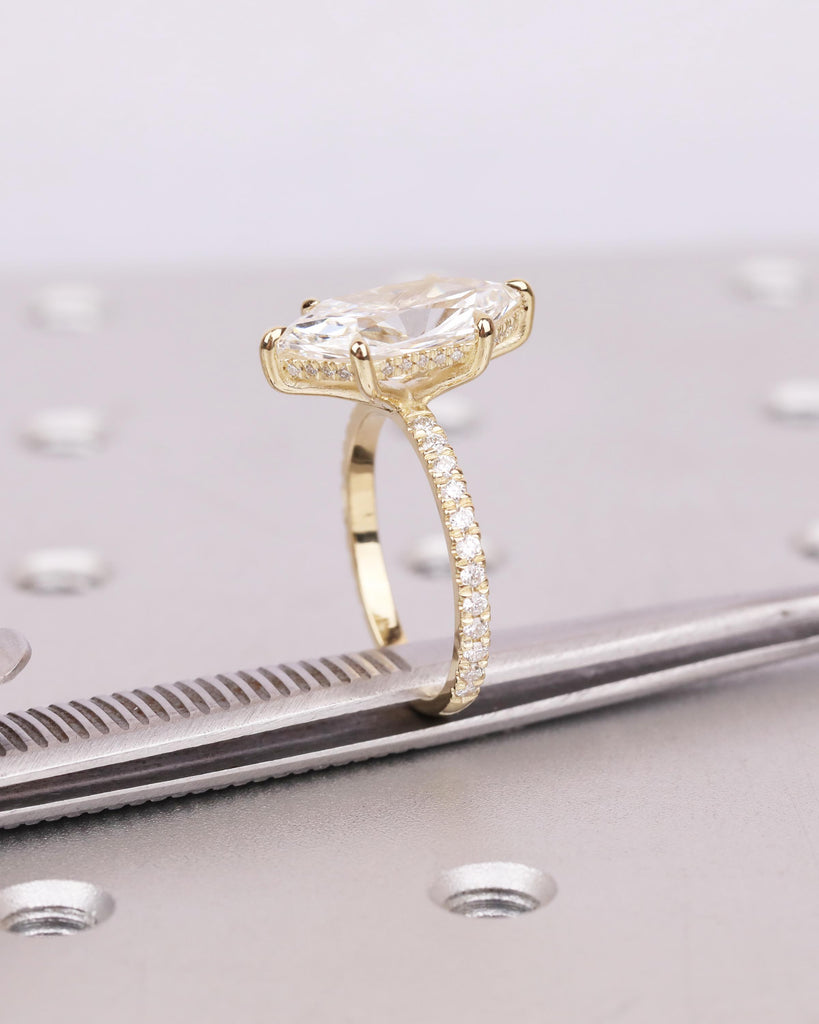 Dutch Marquise Cut Moissanite Engagement Ring | Hidden Halo Ring | Solid 14K Yellow Gold Wedding Ring | 6 Claw Prongs | Half Eternity Band image #8