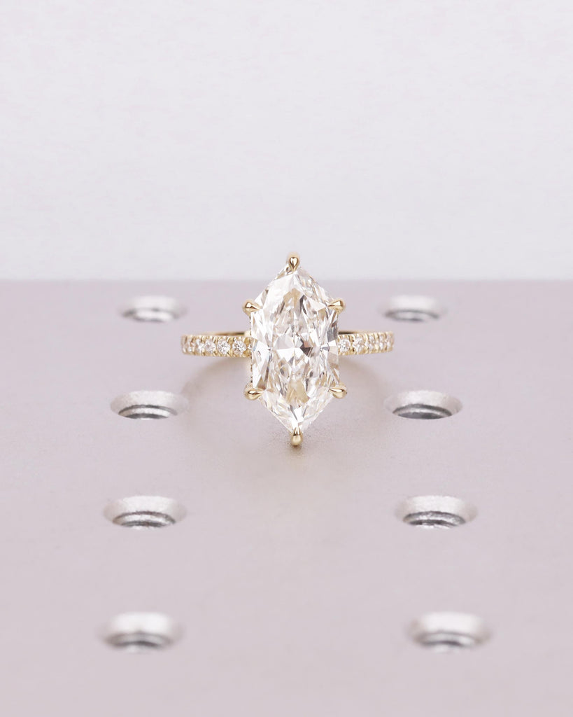 Dutch Marquise Cut Moissanite Engagement Ring | Hidden Halo Ring | Solid 14K Yellow Gold Wedding Ring | 6 Claw Prongs | Half Eternity Band image #1