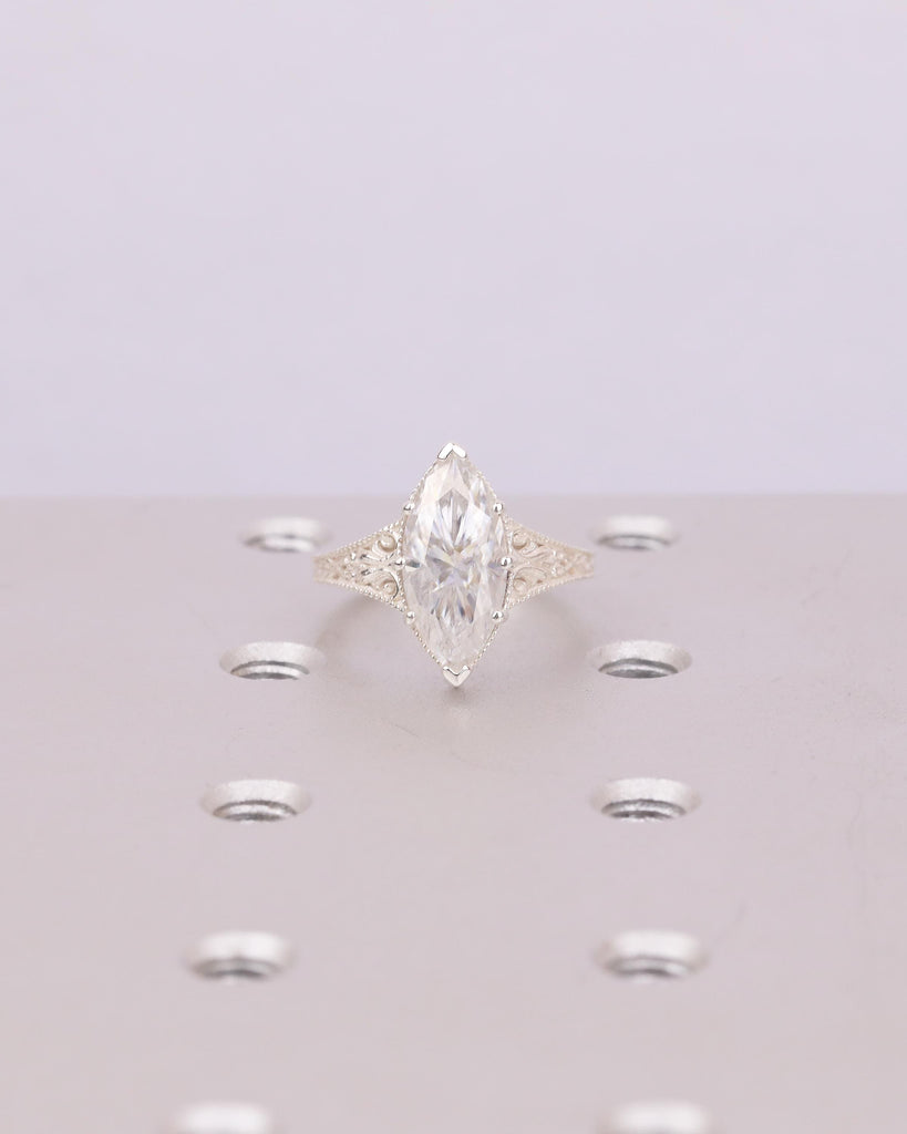Vintage Lab Diamond Engagement Ring, Filigree 925 Sterling Silver Ring, Antique Jewelry image #13