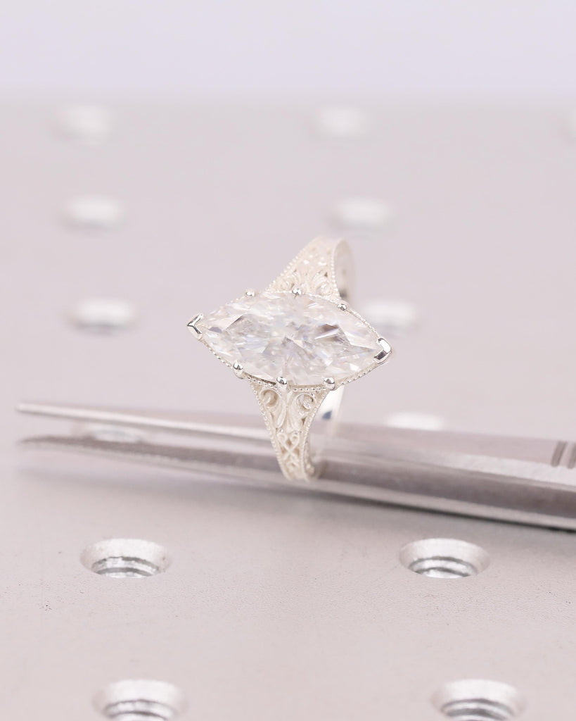 Vintage Inspired Engagement Ring, Lab Grown Diamond Marquise Ring, Filigree Sterling Silver Statement Rings, Wedding Anniversary Jewelry image #14