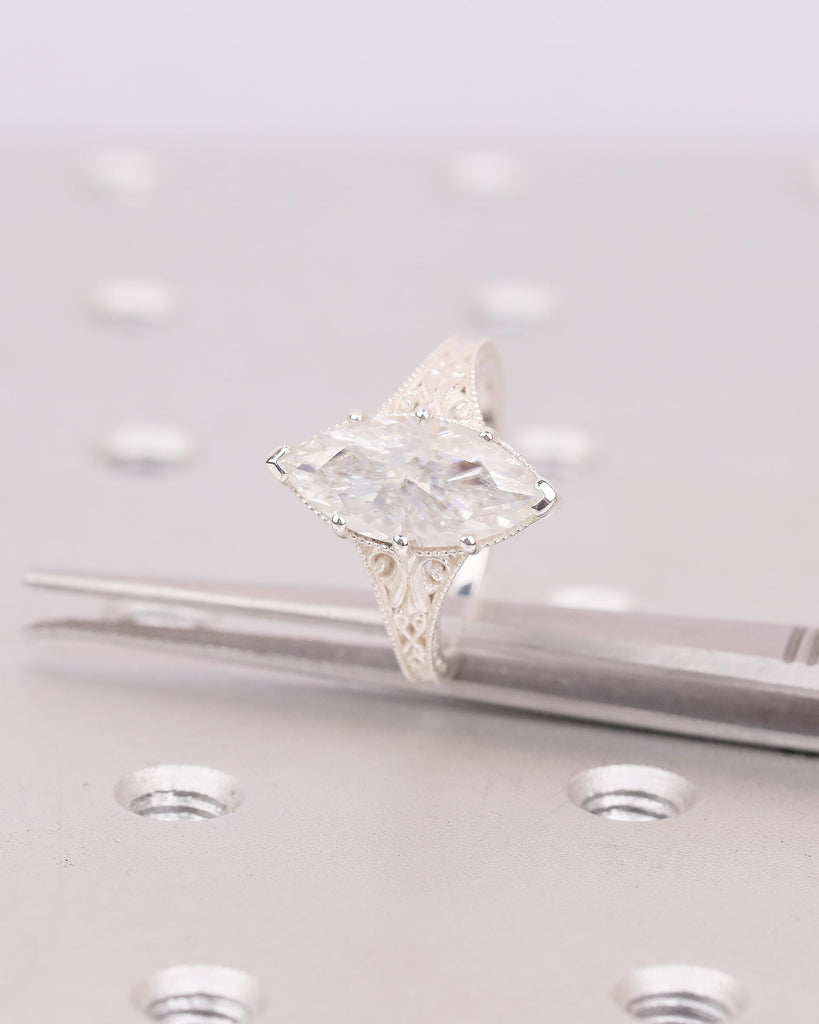 Marquise Cut Lab Created Diamond Engagement Ring, Vintage Sterling Silver Ring, Scrollwork Band image #14