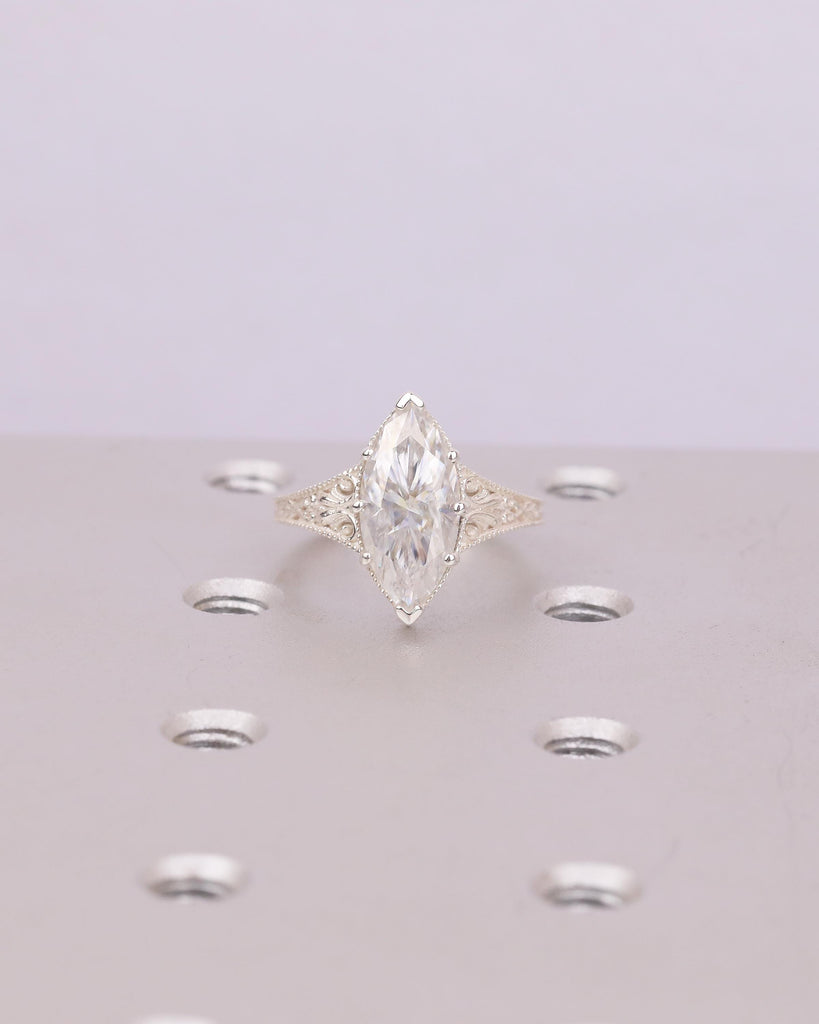 Vintage Lab Diamond Engagement Ring, Filigree 925 Sterling Silver Ring, Antique Jewelry image #20