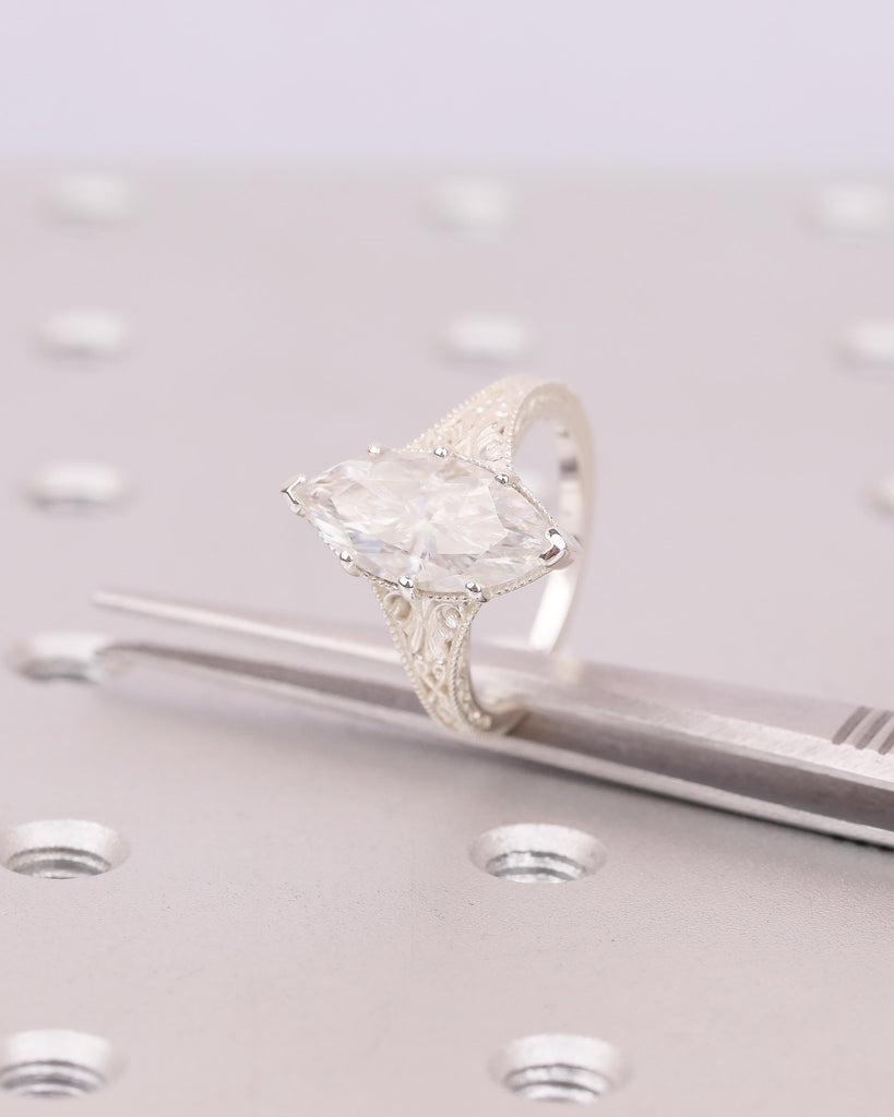 Vintage Inspired Engagement Ring, Lab Grown Diamond Marquise Ring, Filigree Sterling Silver Statement Rings, Wedding Anniversary Jewelry image #10
