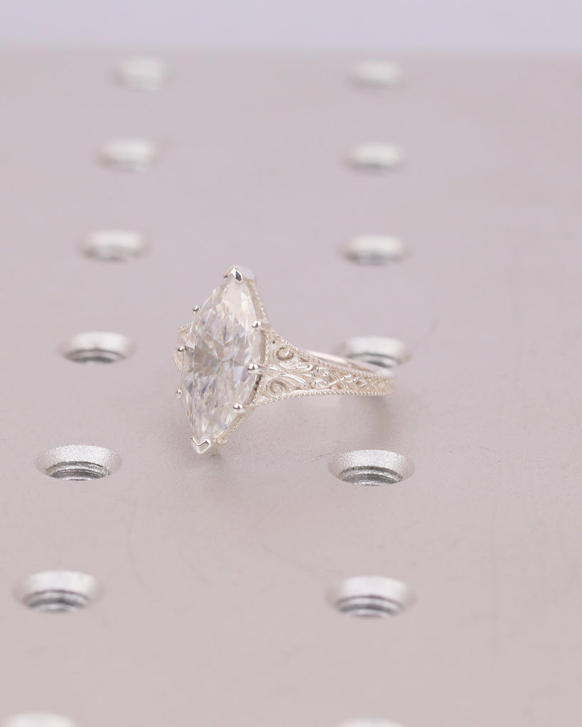 Vintage Inspired Engagement Ring, Lab Grown Diamond Marquise Ring, Filigree Sterling Silver Statement Rings, Wedding Anniversary Jewelry image #4