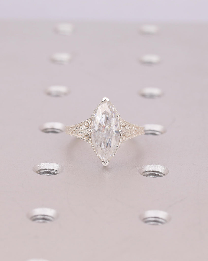 Vintage Inspired Engagement Ring, Lab Grown Diamond Marquise Ring, Filigree Sterling Silver Statement Rings, Wedding Anniversary Jewelry image #15