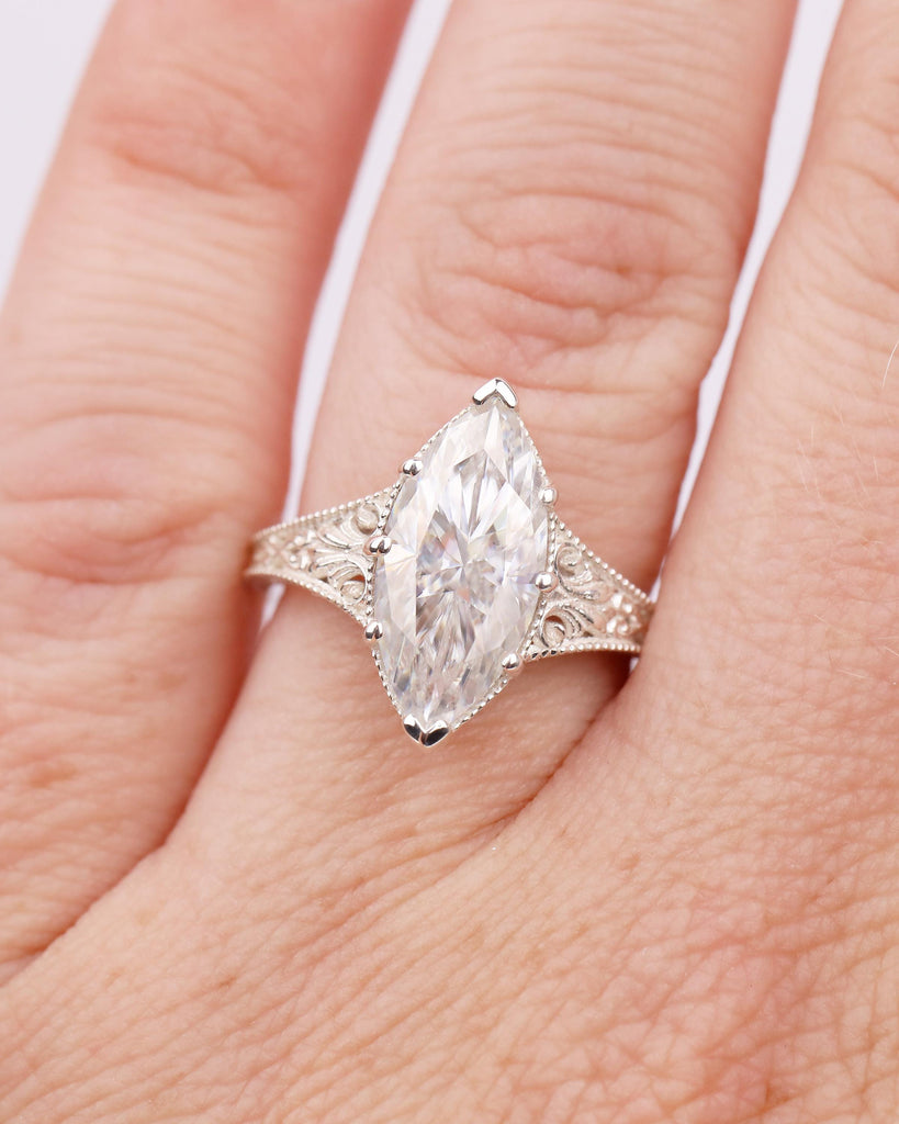 Sterling Silver Lab Made Diamond Marquise Ring, IGI Certified Engagement Ring, Vintage Scrollwork Filigree Band, Antique Style Promise Rings image #15