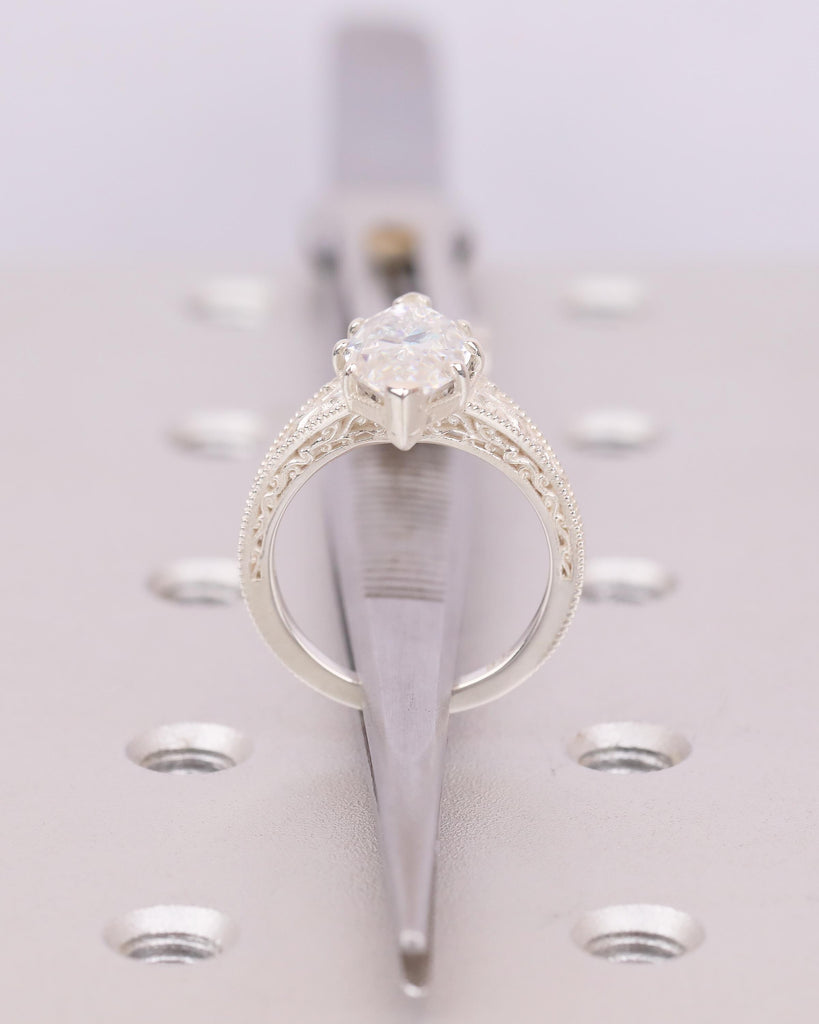 Moissanite Sterling Silver Solitaire Ring, Marquise Engagement Rings for Women, Vintage Style Personalized Ring, Antique Filigree Jewelry image #7