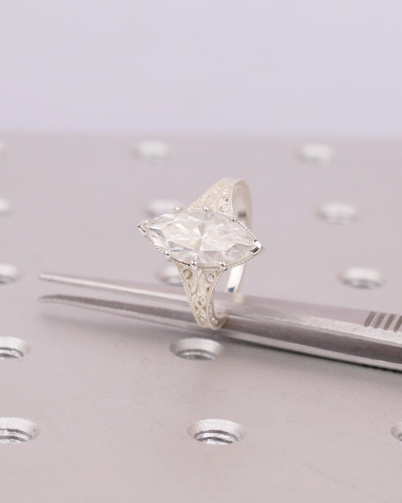 Moissanite Sterling Silver Solitaire Ring, Marquise Engagement Rings for Women, Vintage Style Personalized Ring, Antique Filigree Jewelry image #4