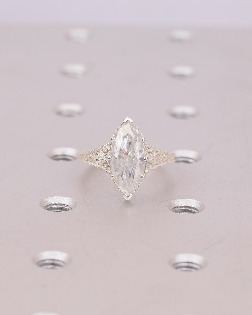 Moissanite Sterling Silver Solitaire Ring, Marquise Engagement Rings for Women, Vintage Style Personalized Ring, Antique Filigree Jewelry image #13