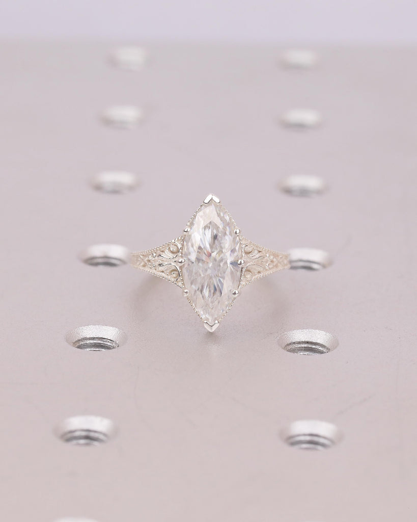 Marquise Moissanite Engagement Ring, Scrollwork 925 Silver Ring, Heirloom Jewelry image #13