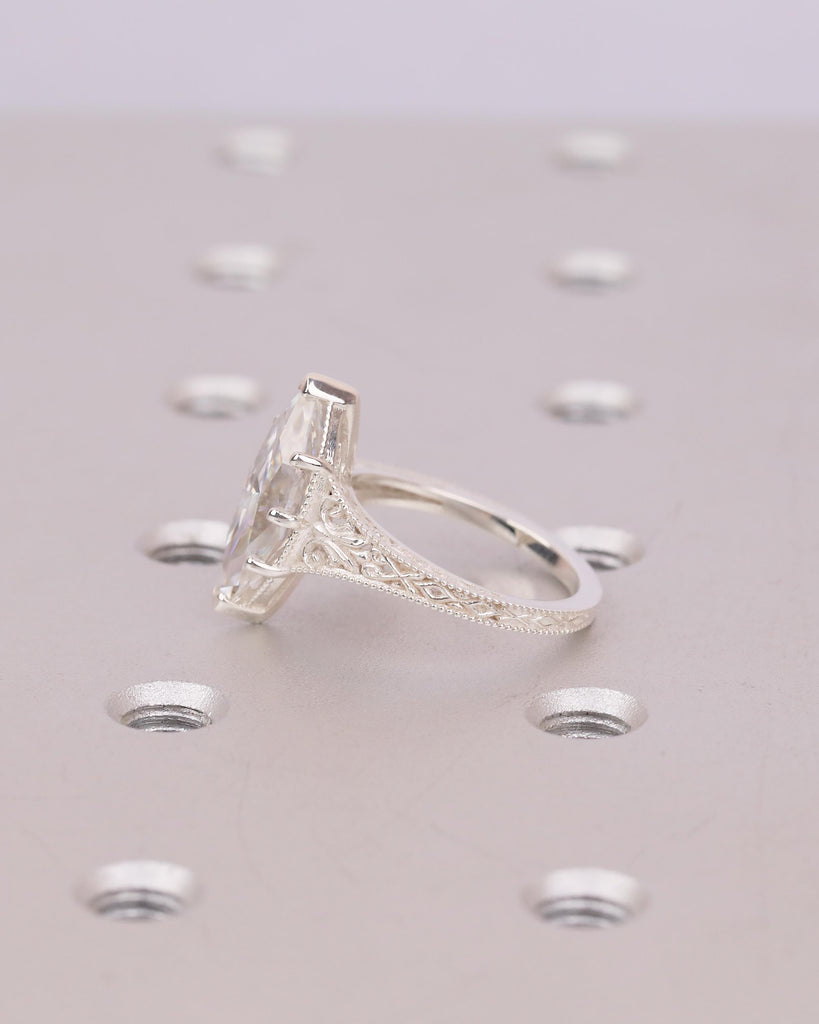 Marquise Moissanite Engagement Ring, Scrollwork 925 Silver Ring, Heirloom Jewelry image #12