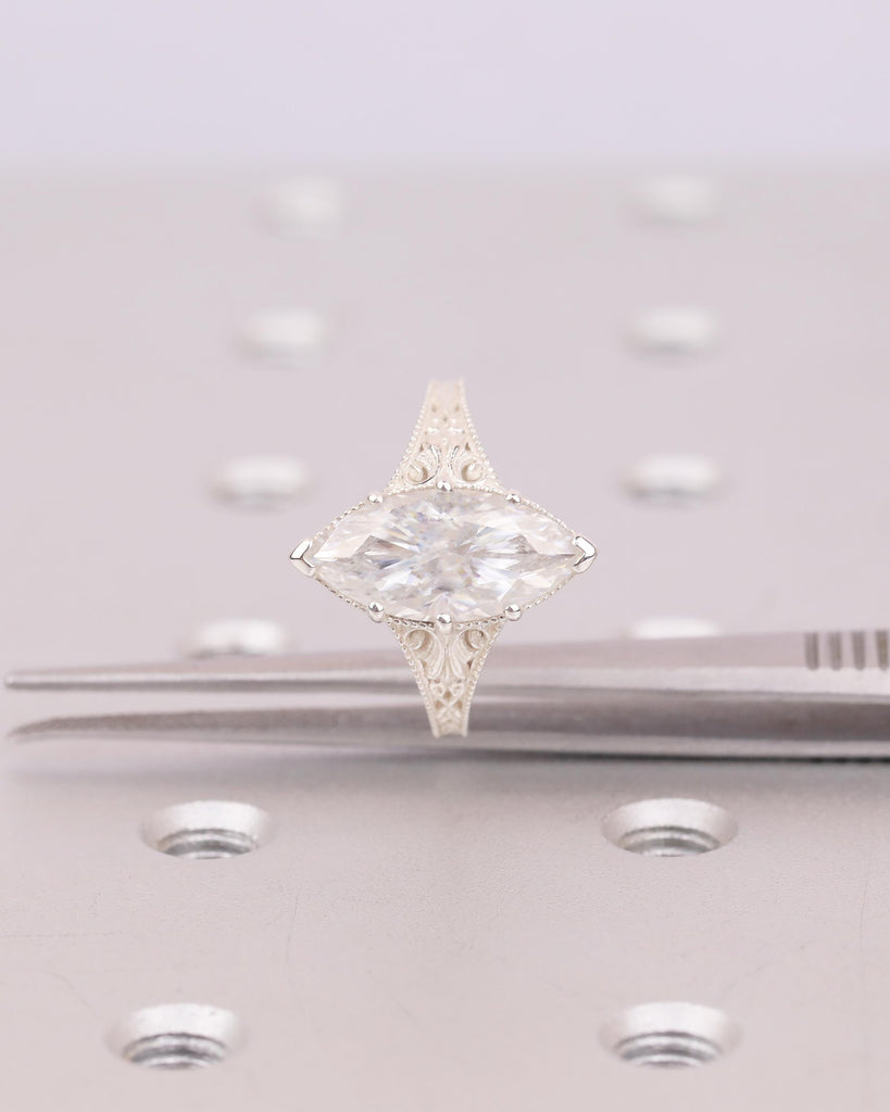 Moissanite Sterling Silver Solitaire Ring, Marquise Engagement Rings for Women, Vintage Style Personalized Ring, Antique Filigree Jewelry image #8