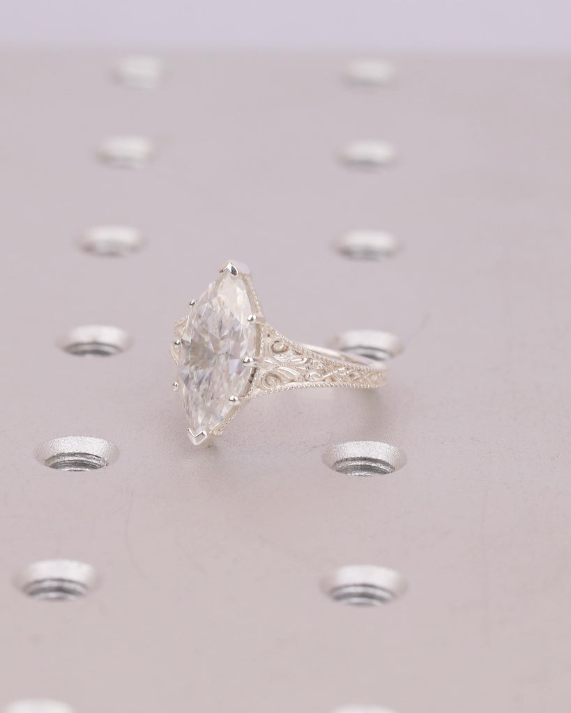 Marquise Moissanite Engagement Ring, Scrollwork 925 Silver Ring, Heirloom Jewelry image #3