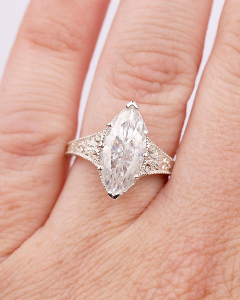 Moissanite Sterling Silver Solitaire Ring, Marquise Engagement Rings for Women, Vintage Style Personalized Ring, Antique Filigree Jewelry image #19