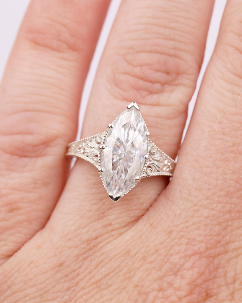 Marquise Moissanite Engagement Ring, Scrollwork 925 Silver Ring, Heirloom Jewelry image #19