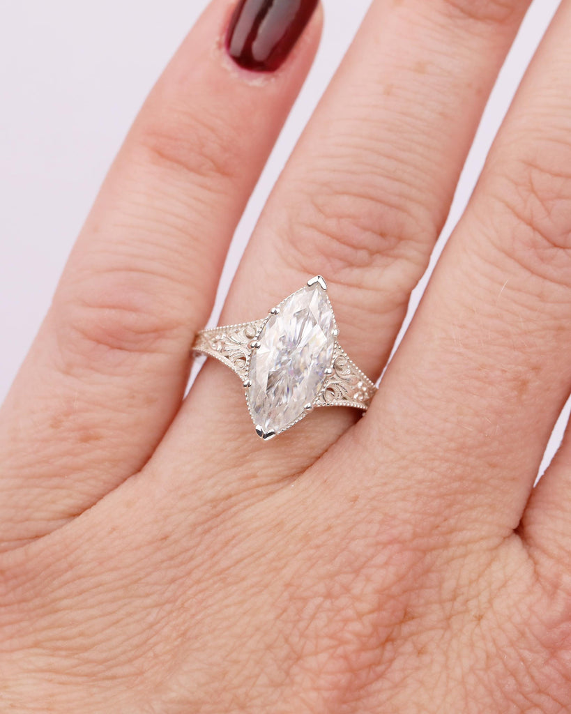Marquise Moissanite Engagement Ring, Scrollwork 925 Silver Ring, Heirloom Jewelry image #10