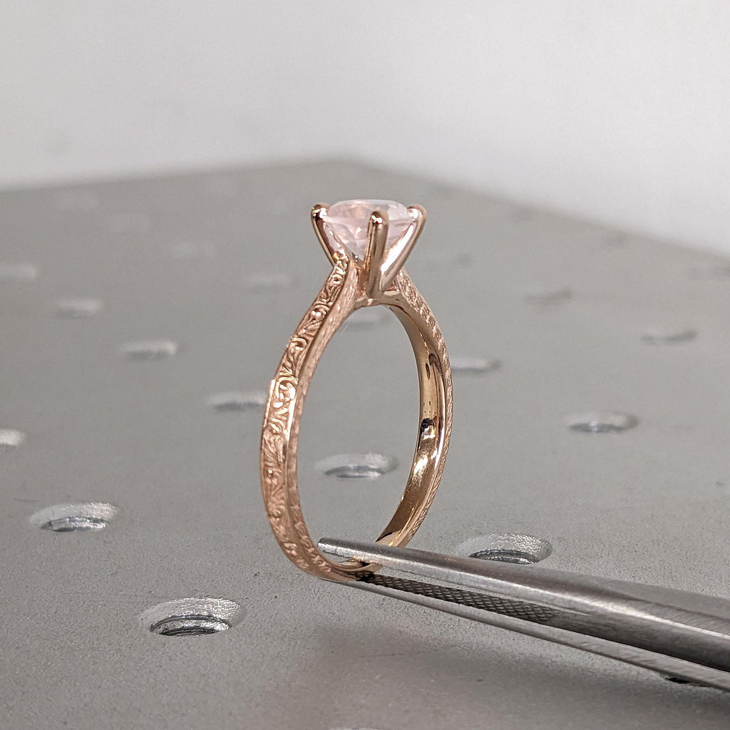 Rose Quartz Solitaire Art Deco Promise Ring | Round Pink Gemstone Antique Gold Jewelry | Anniversary Gift for Her image #11