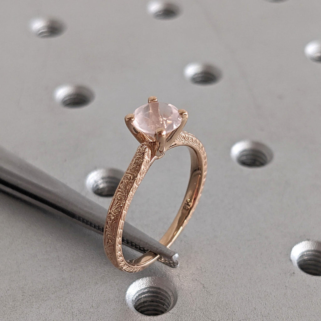 Light Pink Rose Quartz Gemstone Engagement Rings for Women | 18K Rose Gold Filigree Wedding Band | Vintage Bridal Jewelry image #11