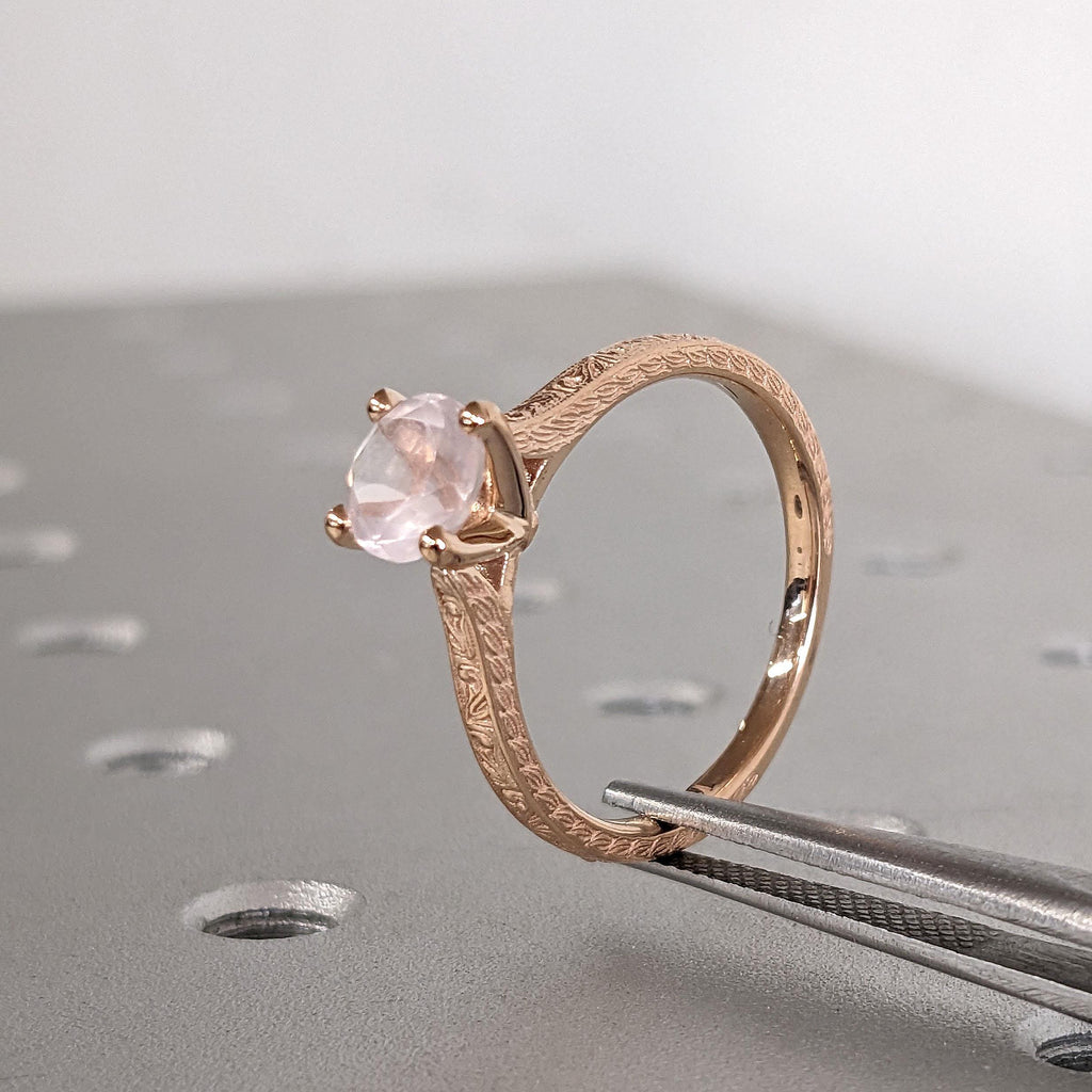 Light Pink Rose Quartz Gemstone Engagement Rings for Women | 18K Rose Gold Filigree Wedding Band | Vintage Bridal Jewelry image #10