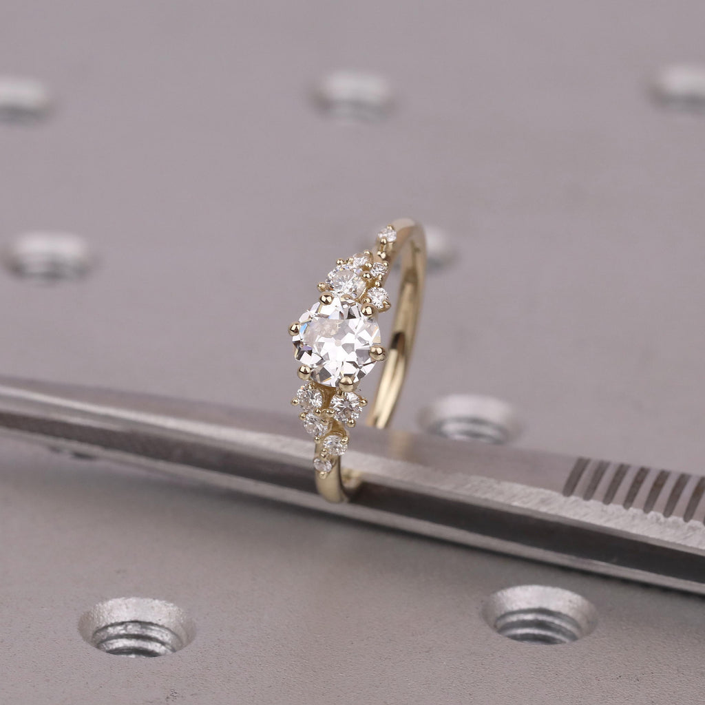 Old Miner cut Lab Diamond Vintage Engagement Ring | 14K Yellow Gold Snowdrift Diamond Cluster Wedding Ring Anniversary Gift for Her image #7