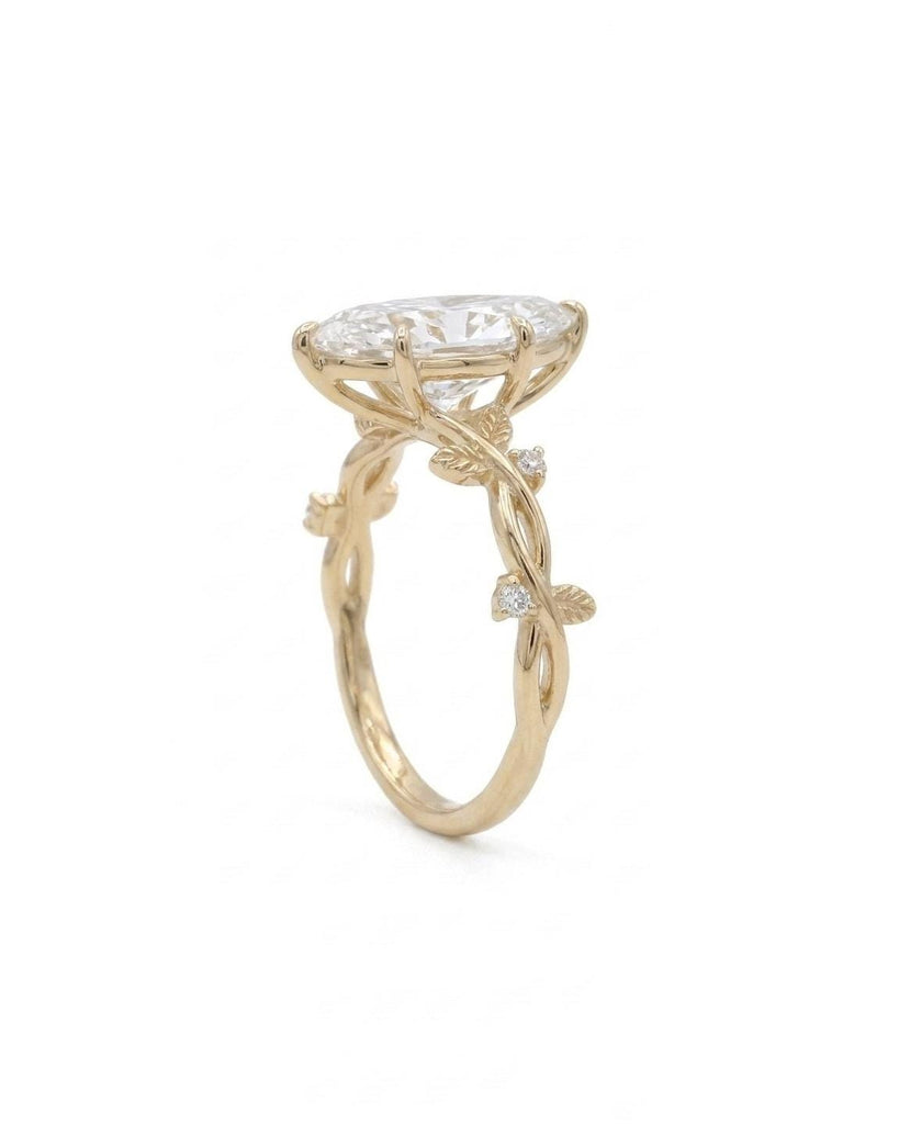 Marquise Moissanite Ring, Art Deco 14k Gold Promise Ring for Her, Leaves Design, Vintage Engagement Rings, Diamond Accents, Nature Jewelry image #4