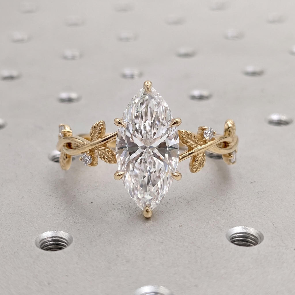 IGI Certified Marquise Cut Lab Grown Diamond Engagement Ring, 14k Yellow Gold Nature Inspired Wedding Rings for Women, Unique Bridal Jewelry image #3