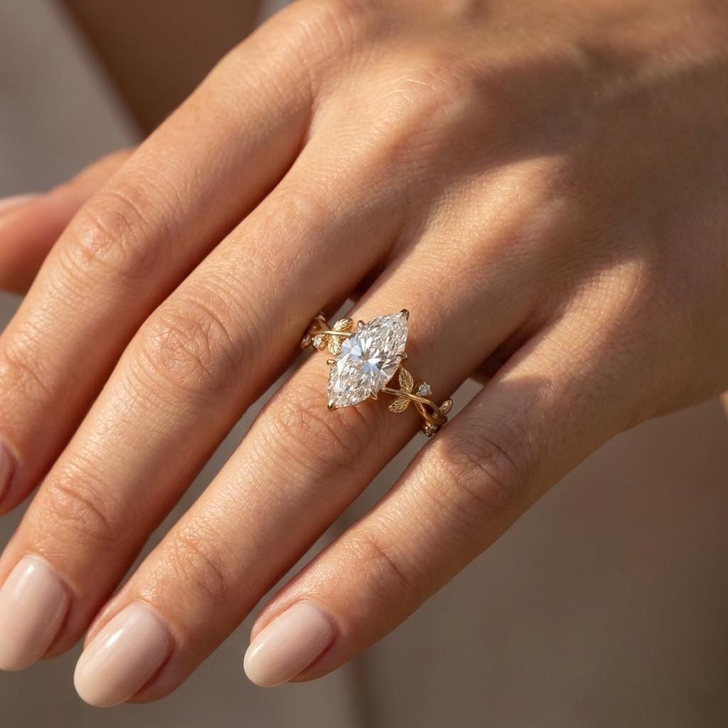 1.5 Carat Lab Made Diamond Marquise Engagement Ring, 14k Solid Gold Nature Ring image #3