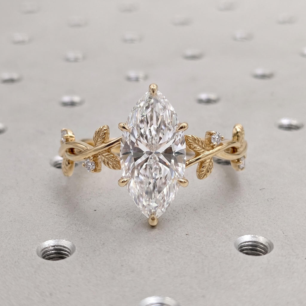 Nature Inspired 14k Yellow Gold Engagement Ring, Marquise Cut 1.5ct Lab Grown Diamond Ring, Personalized Twisted Vine Band, Leaf Accents image #1