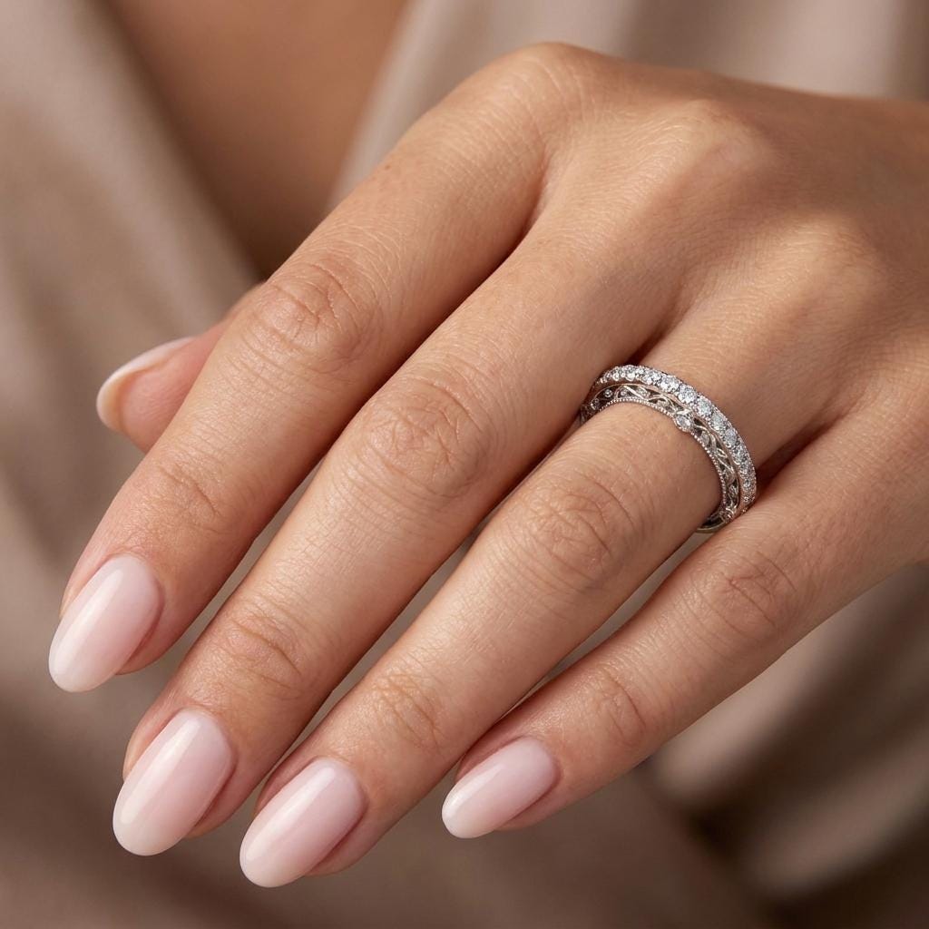 14k White Gold Lab Created Diamond Wedding Ring | Antique Milgrain Stackable Band | Unique Anniversary Gift for Her image #1