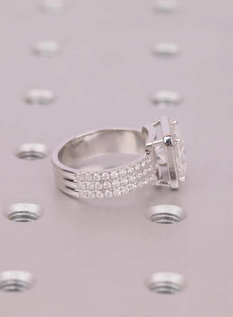 Square Princess Cut Moissanite Halo Ring, 3  Layer Diamond Pave Band Bridal Jewelry, Vintage Art Deco Style Wedding Ring image #9