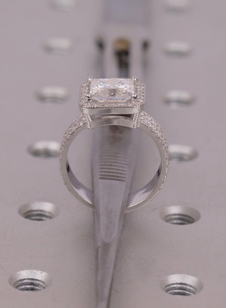 Princess Cut Moissanite Engagement Ring for Women, 14K White Gold Trio Pave Band, Square Halo Wedding Ring, Anniversary Bridal Gift For Her image #12