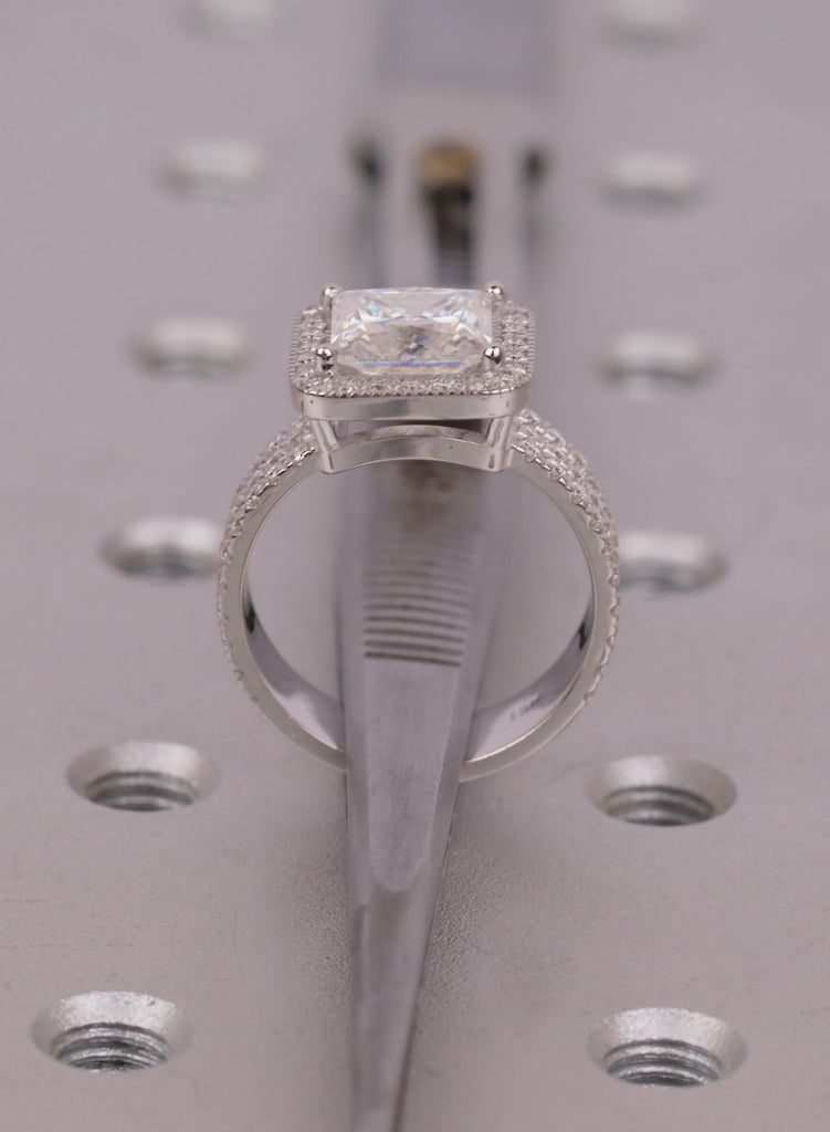 Square Princess Cut Moissanite Halo Ring, 3  Layer Diamond Pave Band Bridal Jewelry, Vintage Art Deco Style Wedding Ring image #12