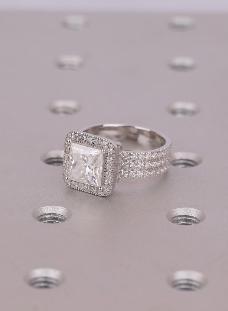 Princess Cut Moissanite Engagement Ring for Women, 14K White Gold Trio Pave Band, Square Halo Wedding Ring, Anniversary Bridal Gift For Her image #7