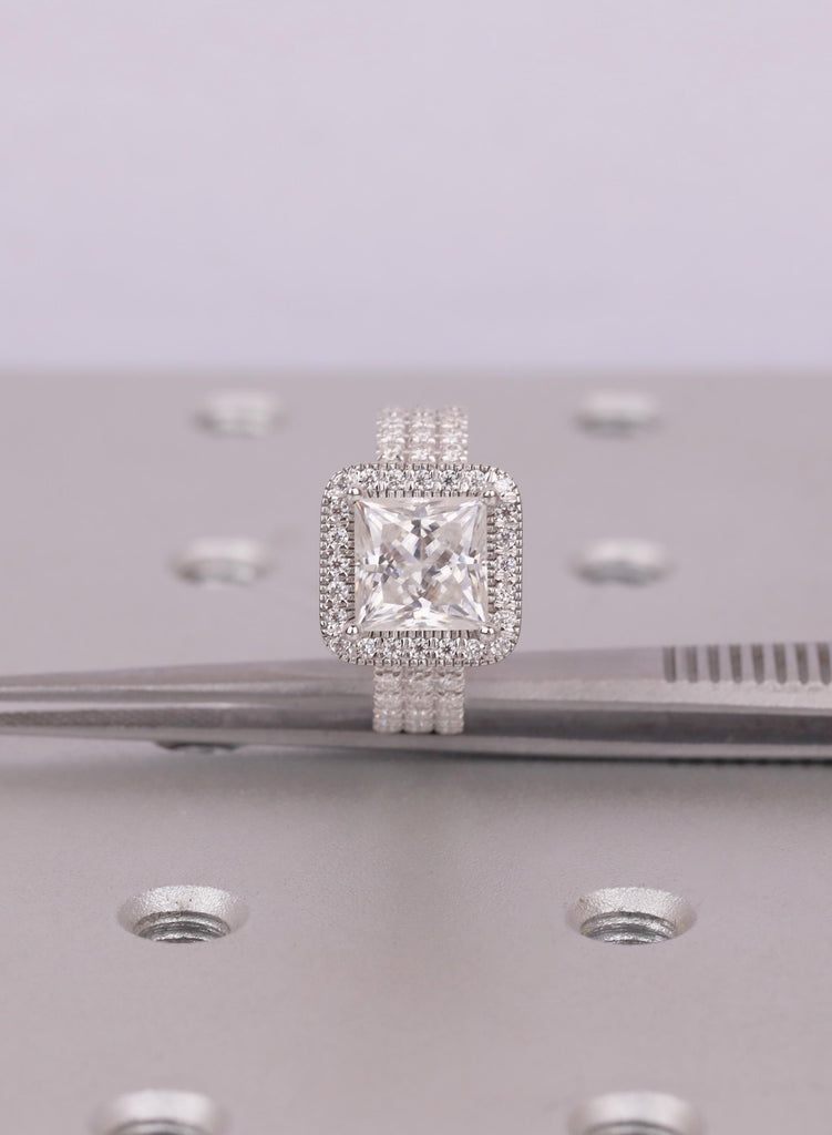 Princess Cut Moissanite Engagement Ring for Women, 14K White Gold Trio Pave Band, Square Halo Wedding Ring, Anniversary Bridal Gift For Her image #14