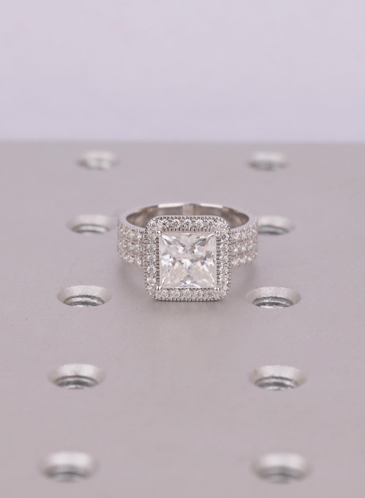 2 Carat Princess Cut Lab Diamond Engagement Ring with Halo, 18K White Gold Triple Row Pavé Wedding Band, Diamond Statement Ring for Her image #4