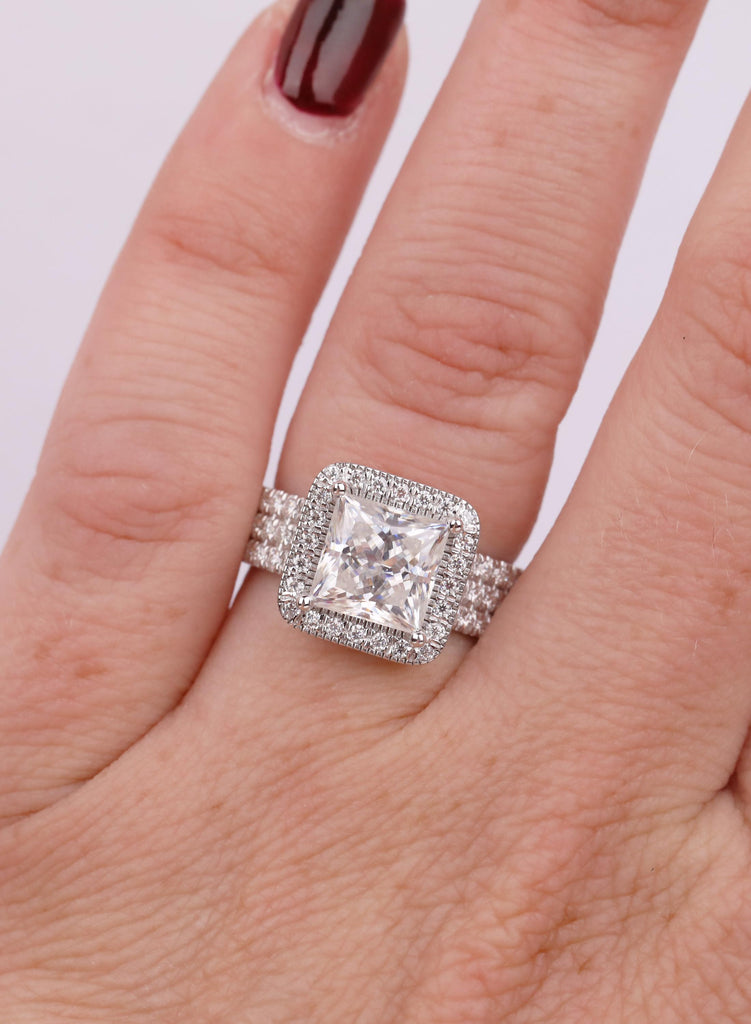 2 Carat Princess Cut Lab Diamond Engagement Ring with Halo, 18K White Gold Triple Row Pavé Wedding Band, Diamond Statement Ring for Her image #2