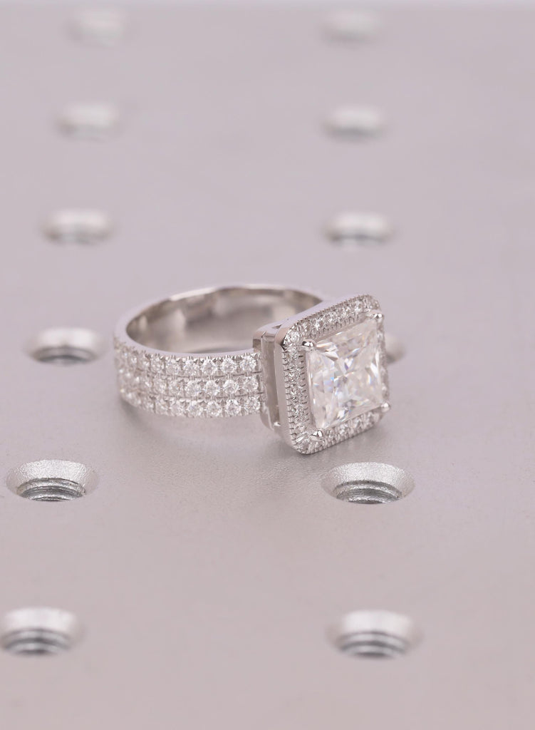 2 Carat Princess Cut Lab Diamond Engagement Ring with Halo, 18K White Gold Triple Row Pavé Wedding Band, Diamond Statement Ring for Her image #9