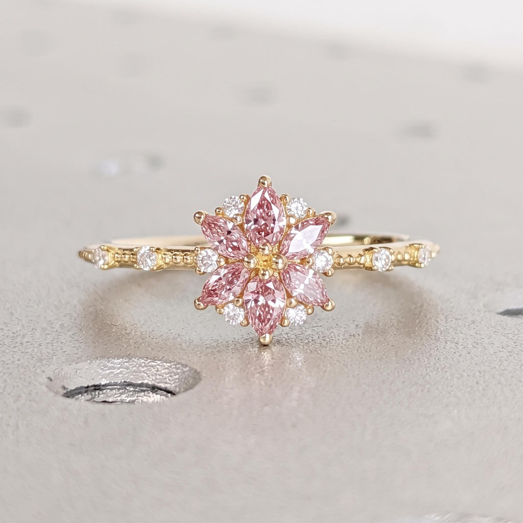 Solid Yellow Gold Pink Gemstone Floral Proposal Rings for Women | Delicate Lab Diamond Ring BOHO Wedding Anniversary Gift image #4