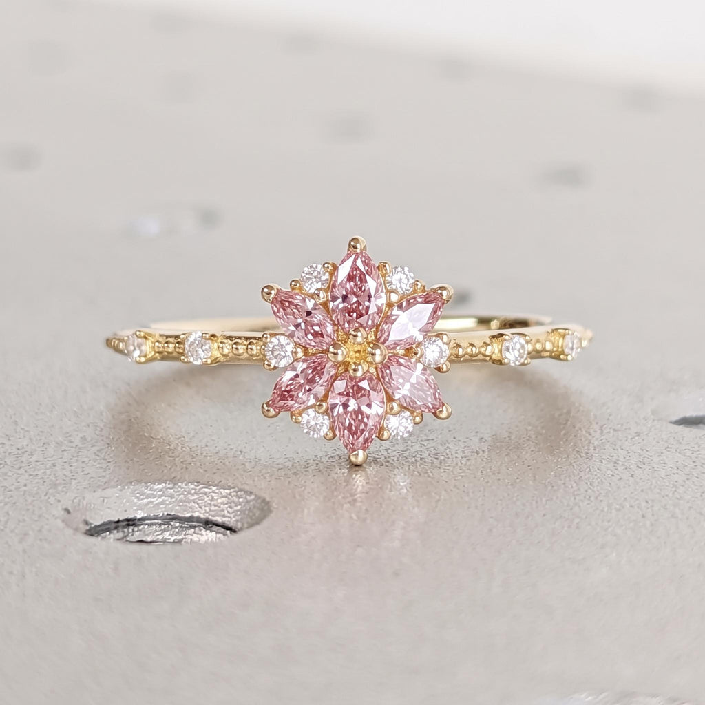 Pink Lab Grown Diamond Engagement Ring | 14K/18K Gold Flower Cluster Ring | Daisy Flower Ring | Dainty Floral Promise Ring for Her image #4