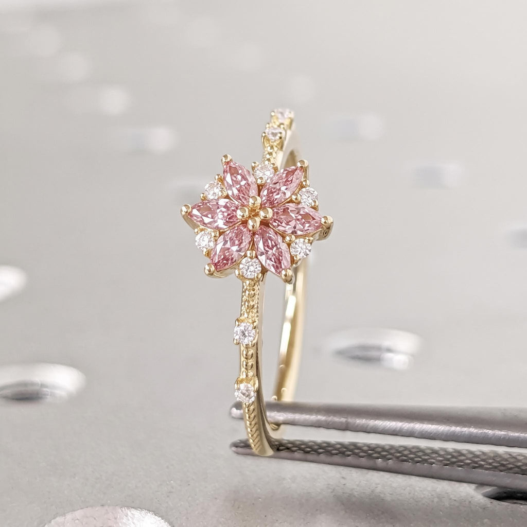 Solid Yellow Gold Pink Gemstone Floral Proposal Rings for Women | Delicate Lab Diamond Ring BOHO Wedding Anniversary Gift image #2